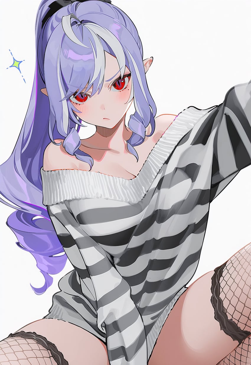 1girl, ai_paruwa, breasts, cleavage, closed_mouth, collarbone, drill_hair, fishnet_thighhighs