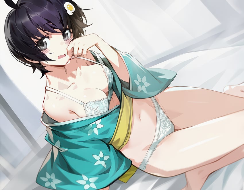 1girl, ahoge, aqua_kimono, araragi_tsukihi, barefoot, black_eyes, black_hair, blush