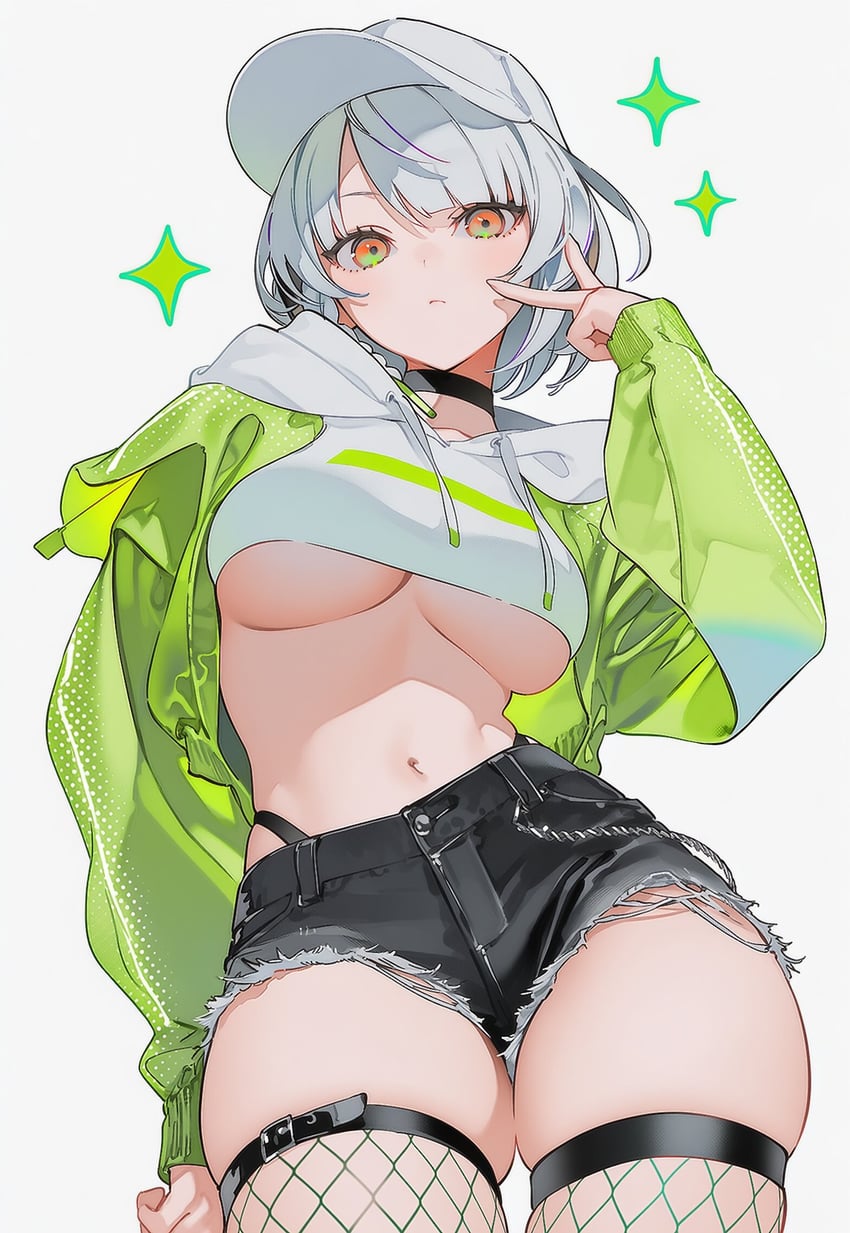 1girl, ai_paruwa, anby_demara, baseball_cap, black_choker, black_shorts, breasts, choker