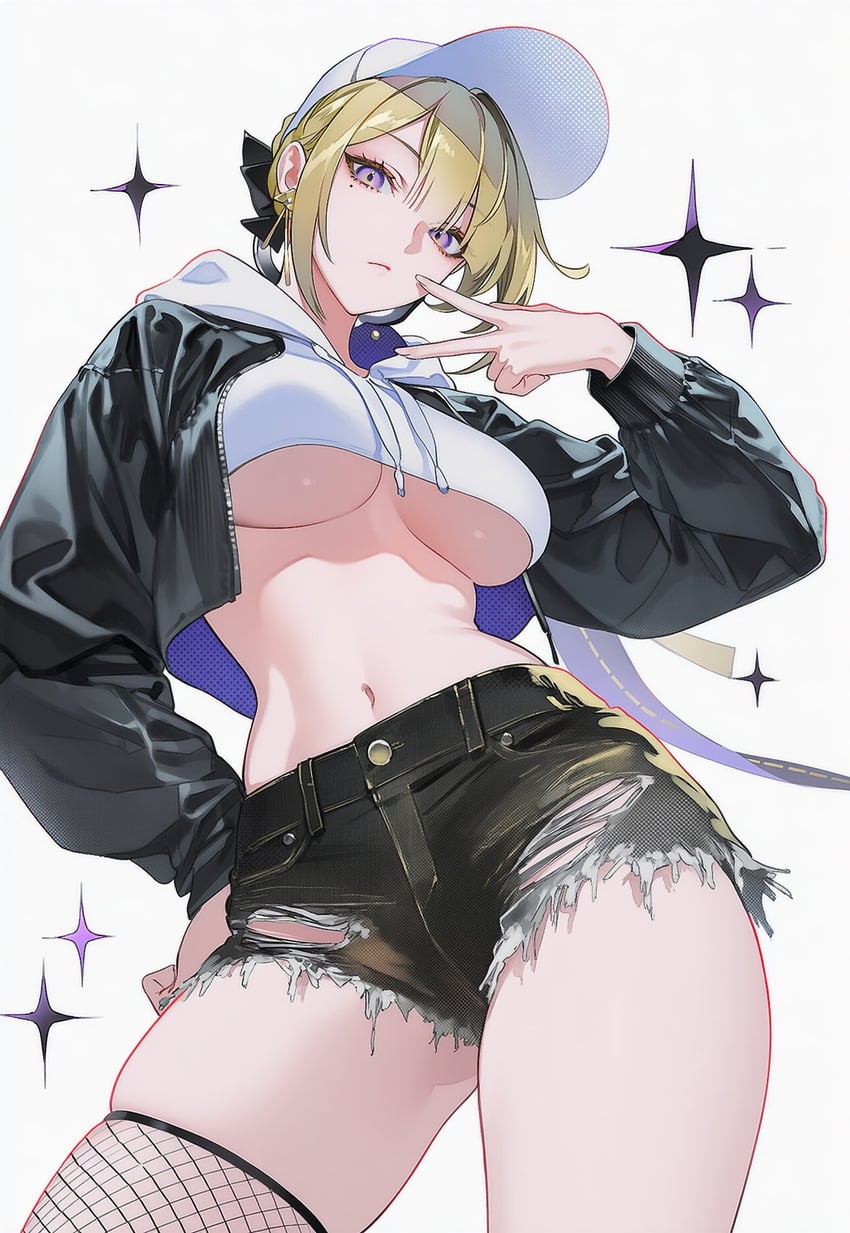 1girl, ai_paruwa, baseball_cap, black_jacket, black_shorts, blonde_hair, breasts, closed_mouth
