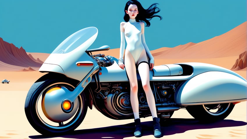 bare_legs, bare_shoulders, black_hair, boots, breasts, brown_eyes, desert, detached_sleeves