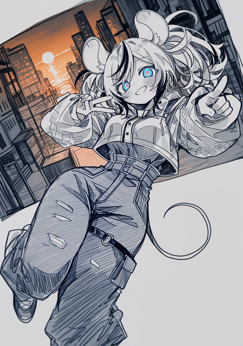 1girl, absurdres, animal_ears, baggy_pants, belt, black_streaks, cityscape, cropped_jacket