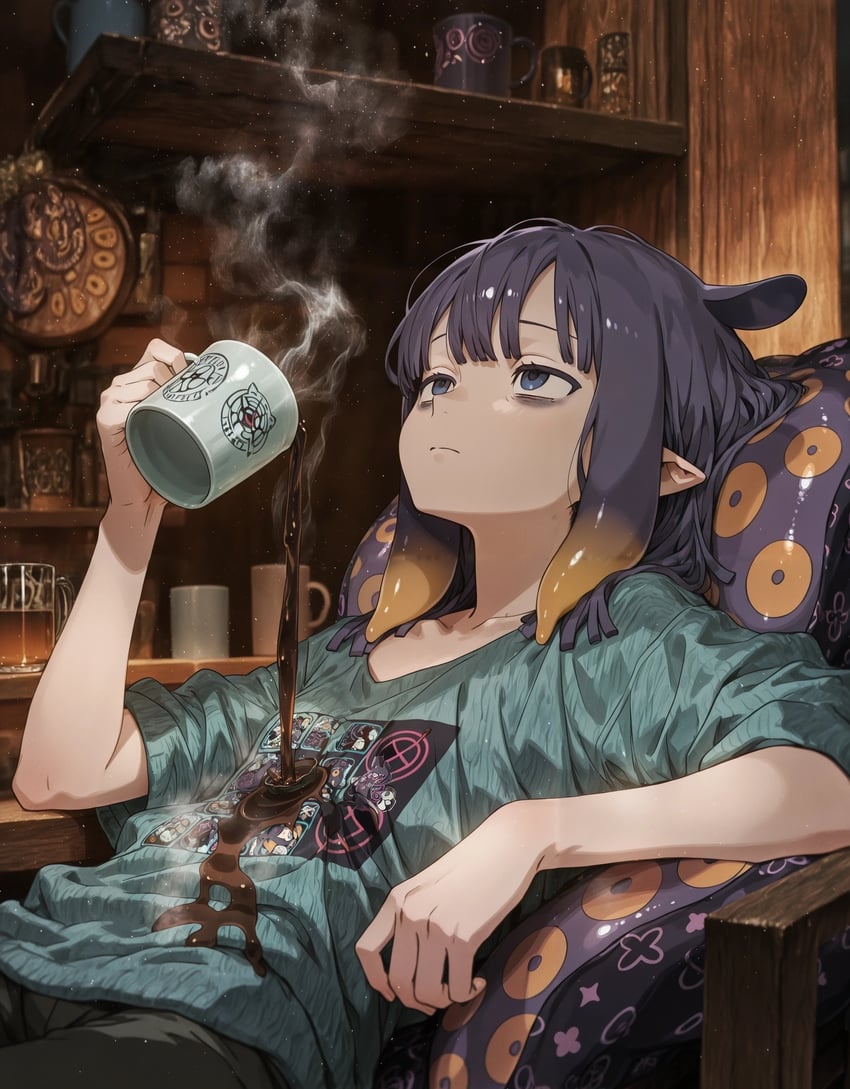 1girl, absurdres, alternate_costume, aqua_shirt, bags_under_eyes, bangs, black_pants, blue_eyes