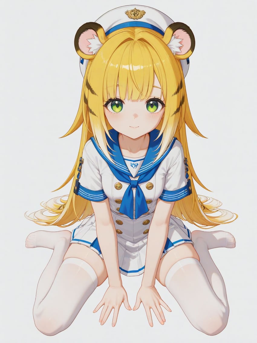 1girl, akami_(user_dkxp8832), animal_ear_fluff, animal_ears, arms_between_legs, bangs, blonde_hair, blue_neckerchief