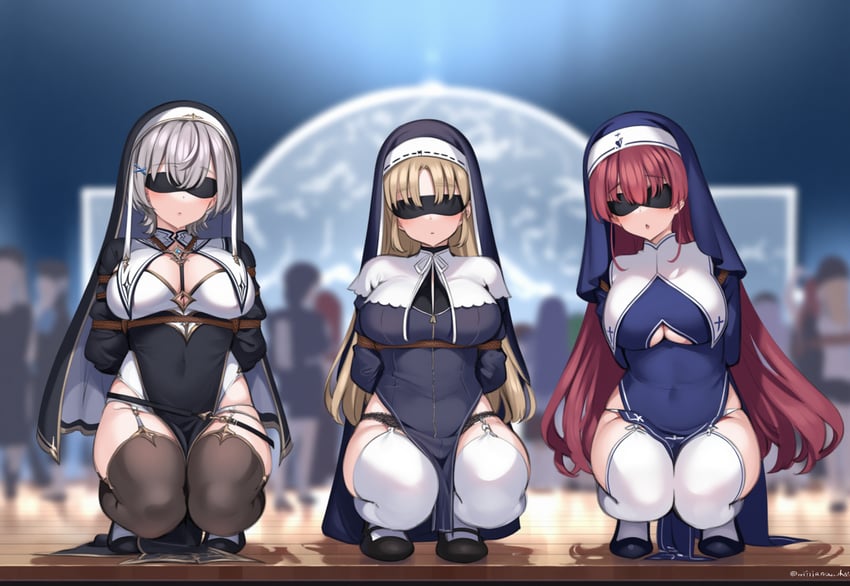 3girls, arms_behind_back, black_footwear, black_thighhighs, blindfold, blonde_hair, blurry, blurry_background