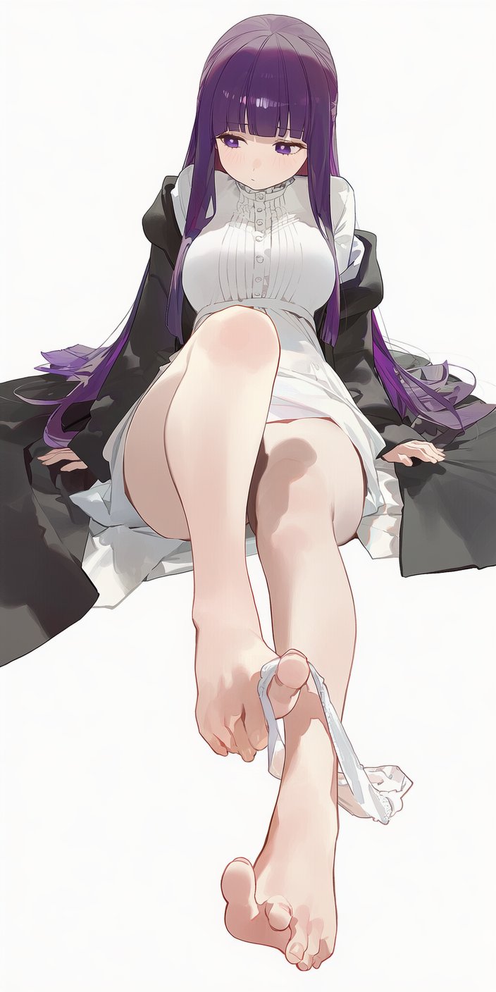 1girl, bangs, barefoot, black_cloak, blunt_bangs, breasts, cloak, closed_mouth, dress, drowsy_sheep, feet, fern_(sousou_no_frieren), large_breasts, legs, long_hair, long_sleeves, looking_to_the_side, model_request, off_shoulder, panties, panties_around_one_leg, purple_hair, simple_background, sitting, solo, sousou_no_frieren, thighs, toes, underwear, white_background, white_dress, white_panties