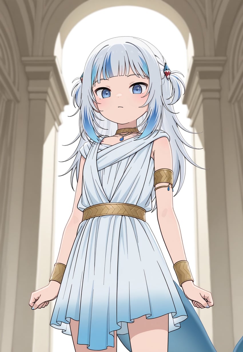 1girl, ancient_greek_clothes, armlet, bangs, blue_dress, blue_eyes, blue_hair, blue_nails