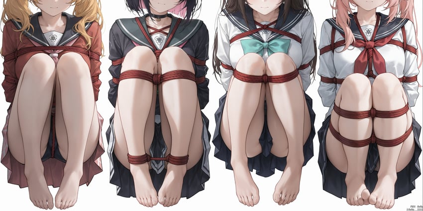 4girls, absurdres, airi_(blue_archive), aqua_necktie, arms_behind_back, barefoot, bdsm, black_choker