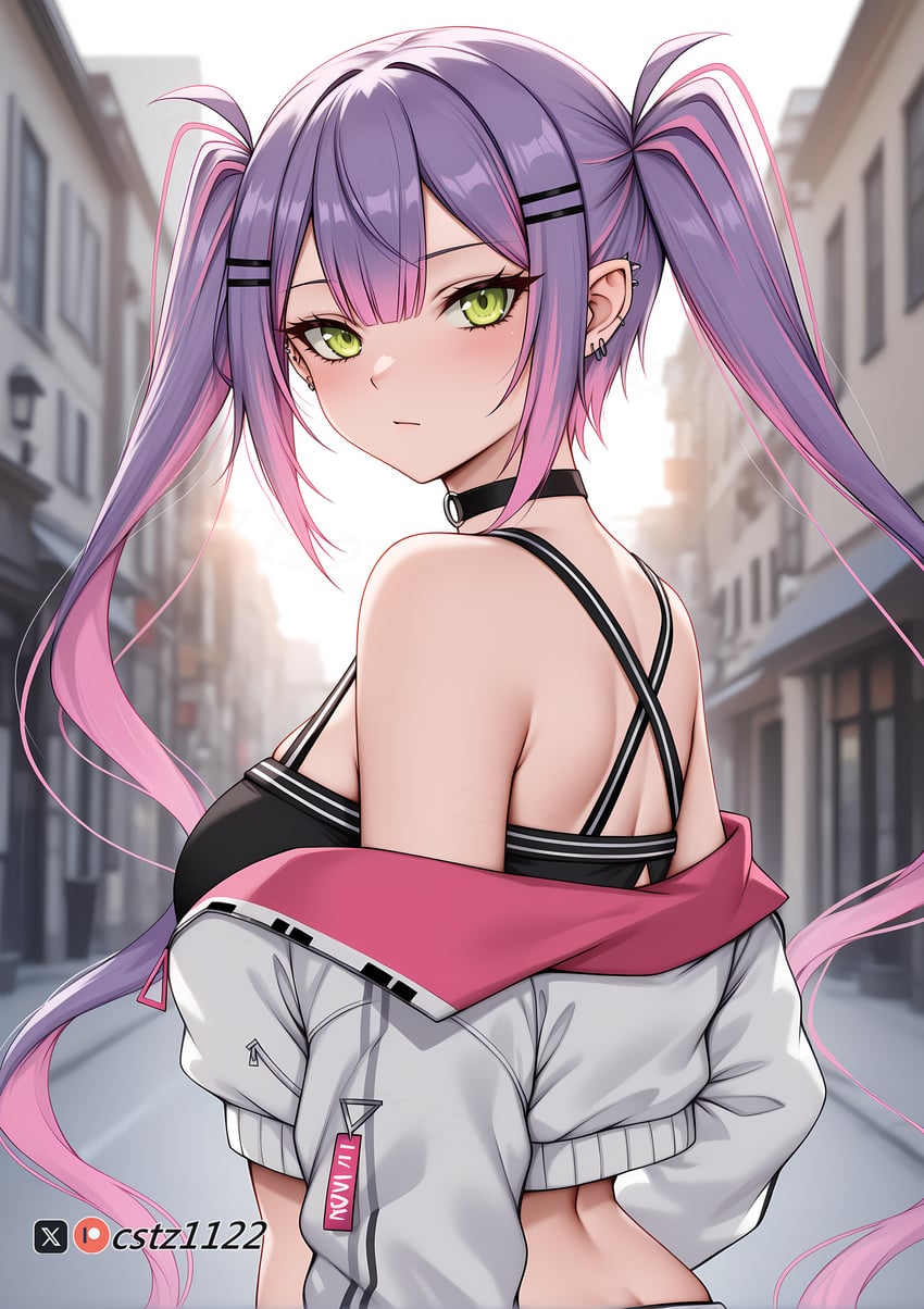 1girl, absurdres, bare_shoulders, bibi_(tokoyami_towa), black_choker, blurry, choker, crop_top