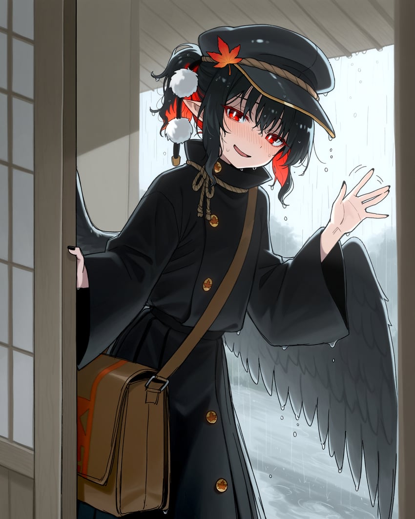 1girl, \||/, bag, black_hair, black_headwear, black_raincoat, black_wings, brown_bag, cabbie_hat, commentary_request, cowboy_shot, feathered_wings, flat_cap, hat, highres, leaning_forward, long_sleeves, lotus_eaters, model_request, official_alternate_costume, open_mouth, pom_pom_(clothes), ponytail, raincoat, red_eyes, shameimaru_aya, shoulder_bag, smile, solo, touhou, waving, wet, wide_sleeves, wings, yafkyu