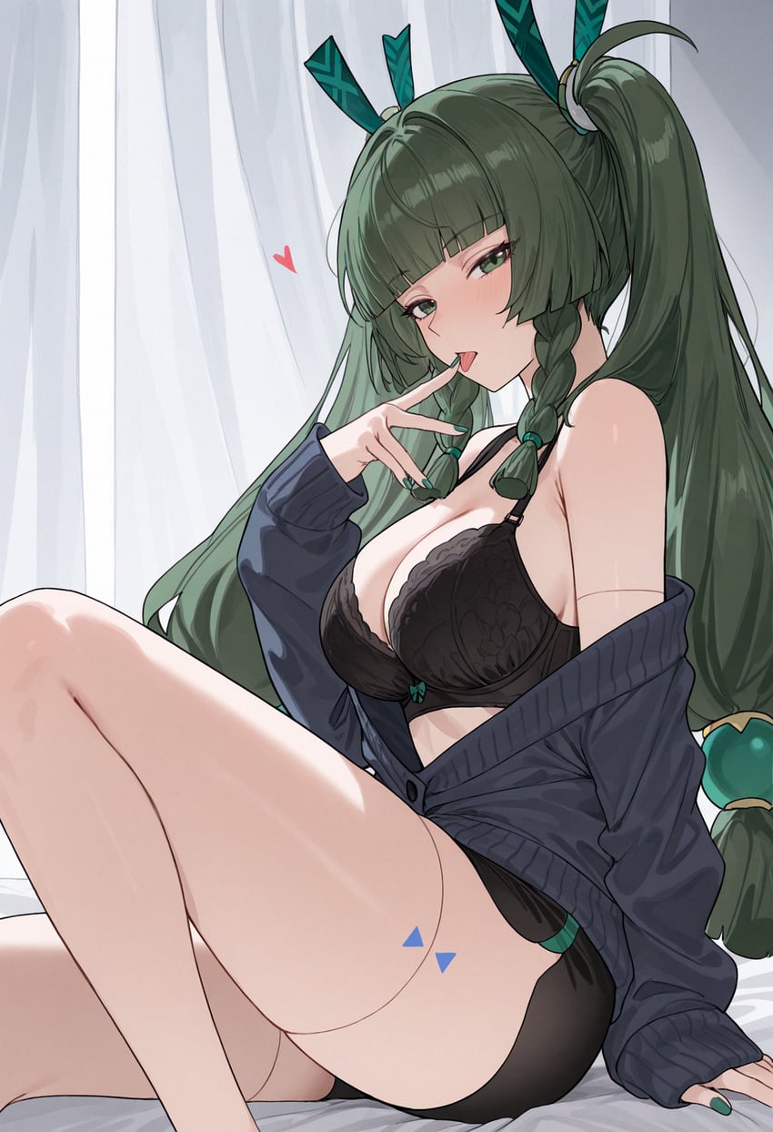 1girl, android, arm_support, bangs, bare_shoulders, black_bra, blue_cardigan, blunt_bangs