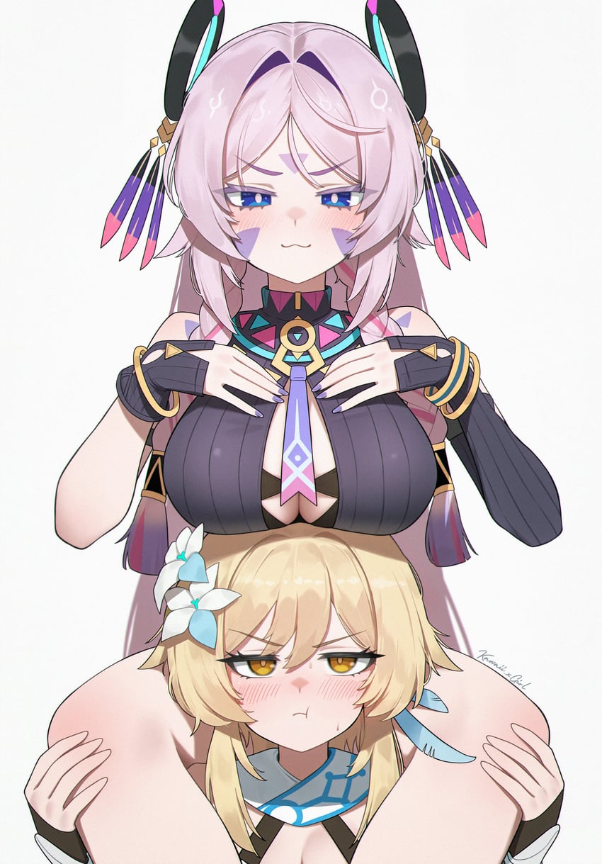 2girls, :i, :t, absurdres, artist_name, bare_shoulders, black_gloves, blonde_hair