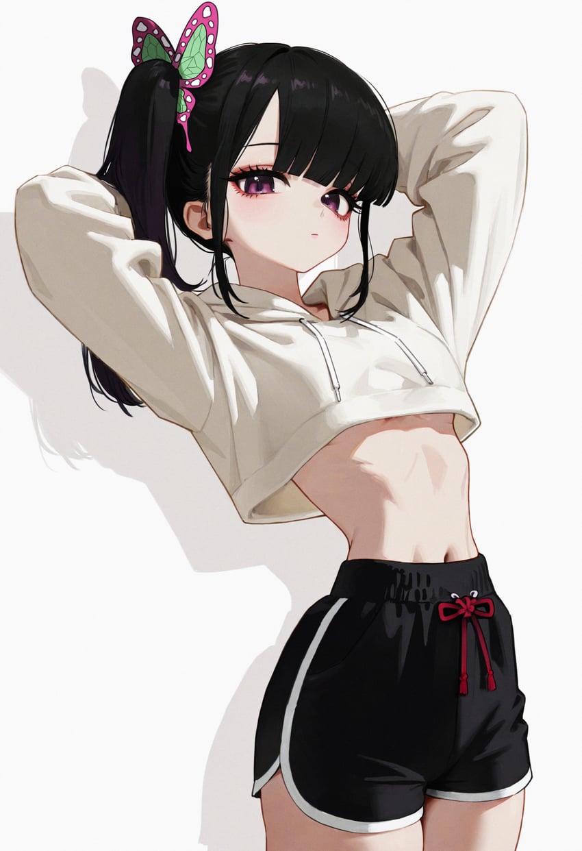 1girl, absurdres, arms_behind_head, bangs, black_hair, black_shorts, blunt_bangs, butterfly_hair_ornament, closed_mouth, cowboy_shot, dolphin_shorts, eyeshadow, hair_ornament, highres, hood, hood_down, incredibly_absurdres, kimetsu_no_yaiba, long_hair, long_sleeves, looking_at_viewer, makeup, midriff, model_request, navel, ninekey, purple_eyes, red_eyeshadow, shorts, side_ponytail, simple_background, skinny, solo, thighs, tsuyuri_kanao, white_background