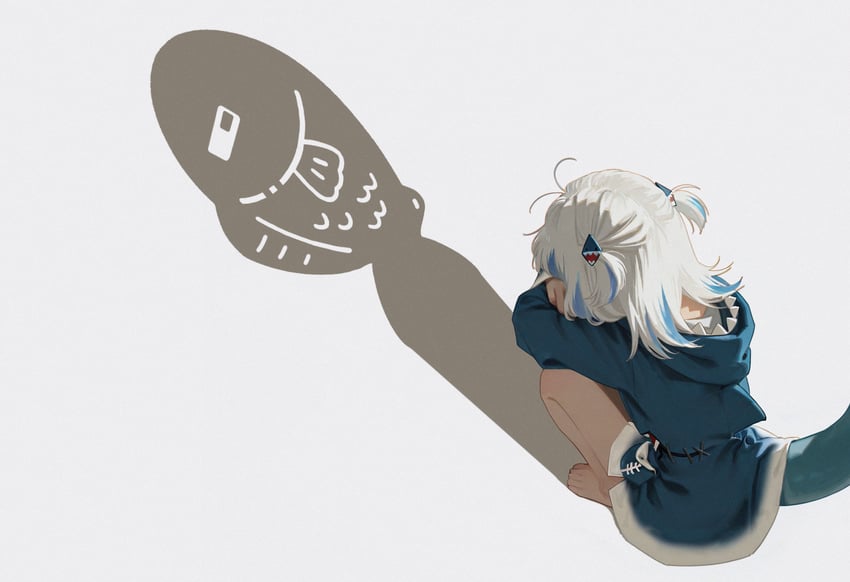 1girl, absurdres, animal_hood, barefoot, blue_hoodie, blue_jacket, cat_shadow_puppet_(meme), feet