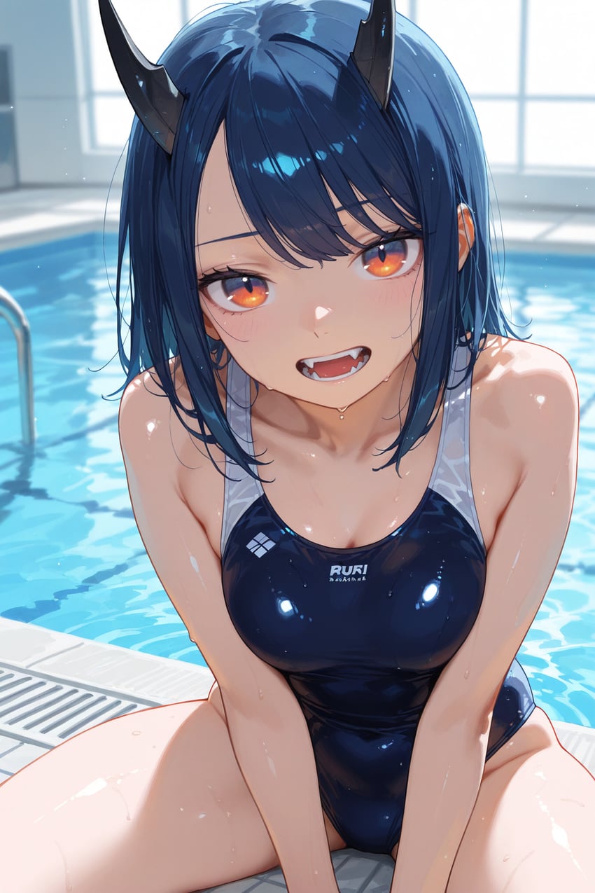 1girl, amane, aoki_ruri, arms_between_legs, bangs, bare_shoulders, blue_eyes, blue_hair