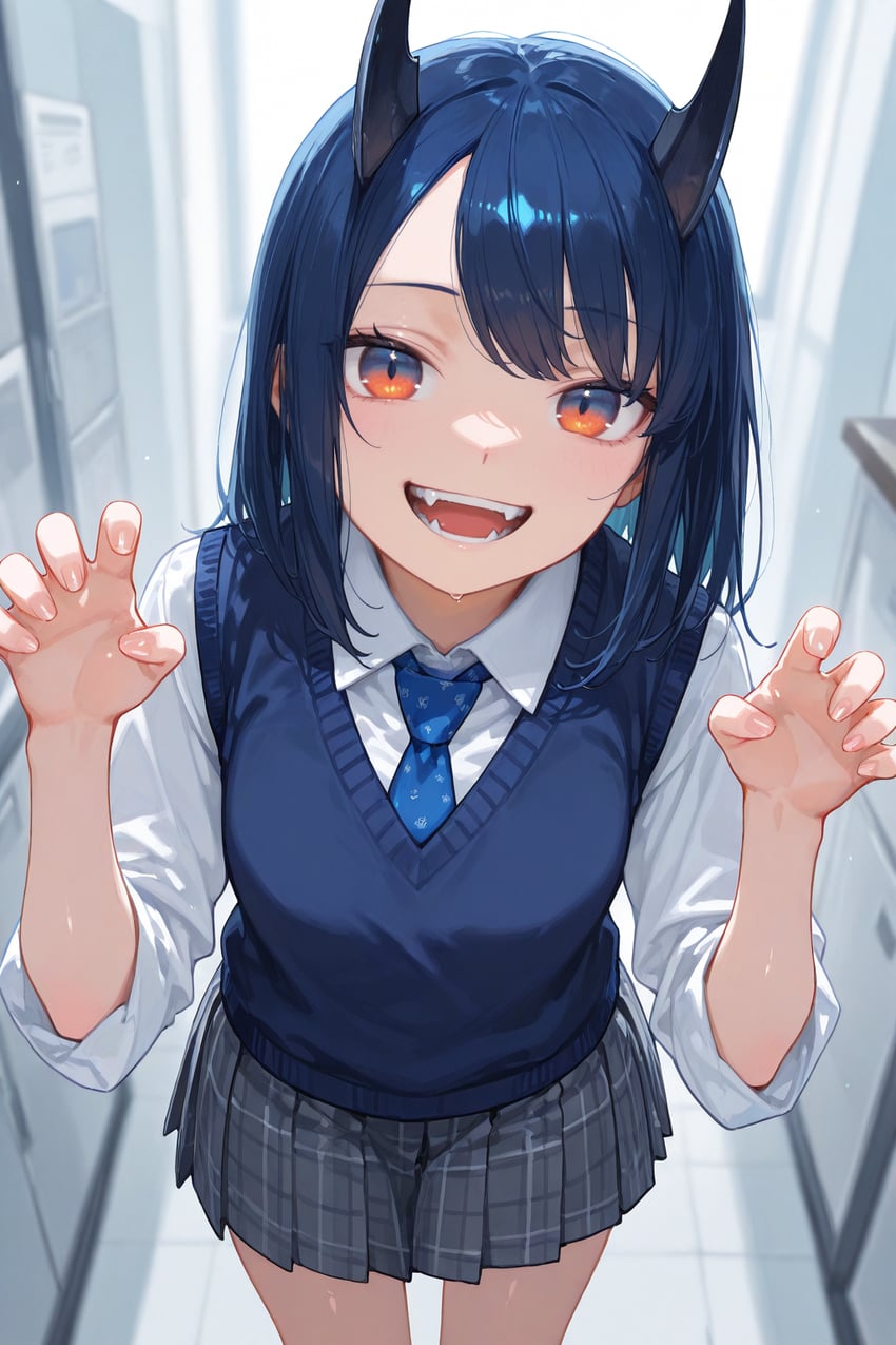 1girl, amane, aoki_ruri, bangs, black_necktie, blue_eyes, blue_hair, blue_sweater_vest