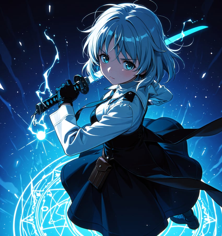 1girl, absurdres, antlers_anon, black_dress, black_footwear, black_gloves, blue_eyes, blue_theme, breasts, closed_mouth, collared_shirt, comfyui, dress, first-party_edit, gloves, glowing, glowing_sword, glowing_weapon, grey_hair, highres, holding, holding_sword, holding_weapon, inpainted, katana, long_sleeves, looking_at_viewer, lora, magic_circle, necktie, non-web_source, plant_milk, pouch, resized, sanya_v._litvyak, self-upload, shirt, short_hair, solo, strike_witches, sword, upscaled, v-shaped_eyebrows, weapon, white_shirt, world_witches_series