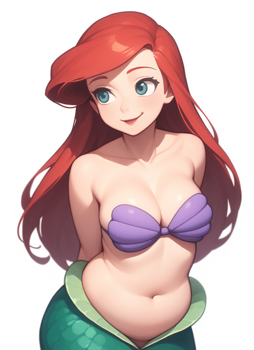 1girl, alternate_breast_size, animification, ariel_(disney), asymmetrical_bangs, bangs, bbw, bikini