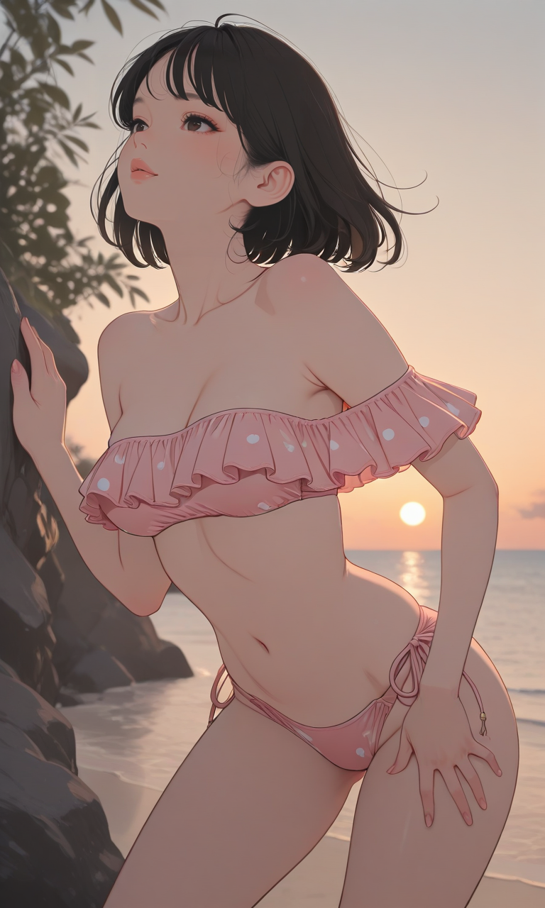 1girl, adetailer, artist_request, beach, bikini, black_hair, breasts, brown_eyes, cleavage, collarbone, cowboy_shot, day, fingernails, frilled_bikini, frills, hair_behind_ear, hand_on_own_leg, hand_on_own_thigh, horizon, inpainted, lips, looking_up, medium_breasts, navel, non-web_source, nose, ocean, original, outdoors, pink_bikini, pink_lips, short_hair, side-tie_bikini_bottom, solo, standing, sun, swimsuit, water