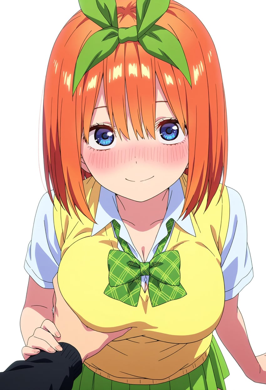 1girl, bangs, blue_eyes, blush, bow, bow_hairband, breast_grab, breasts