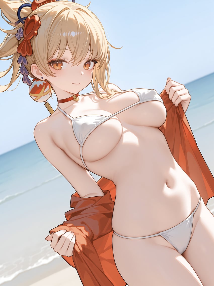 1girl, absurdres, bangs, bare_shoulders, beach, bikini, blonde_hair, breasts, butamanyasan, choker, closed_mouth, covered_nipples, cowboy_shot, day, dutch_angle, genshin_impact, hair_ornament, highres, horizon, large_breasts, looking_at_viewer, model_request, navel, ocean, off_shoulder, orange_eyes, outdoors, pendant_choker, red_choker, smile, solo, stomach, string_bikini, swimsuit, thighs, white_bikini, yoimiya_(genshin_impact)
