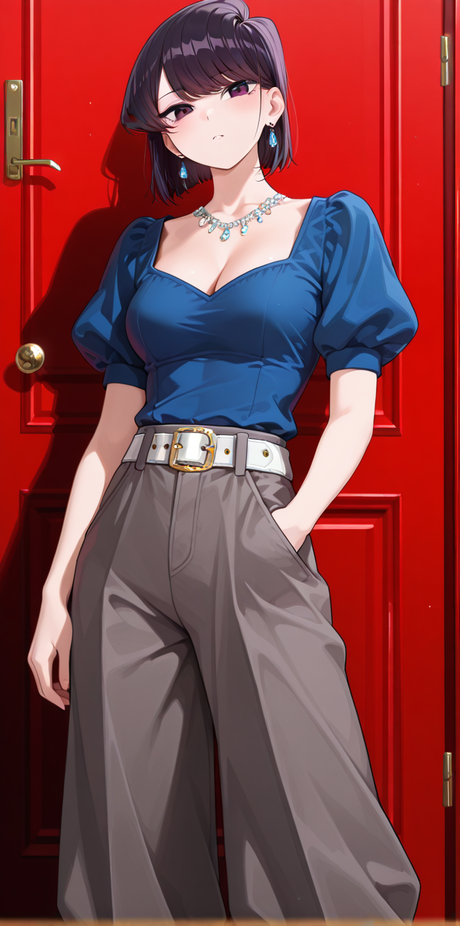 1girl, belt, blue_shirt, closed_door, door, earrings, expressionless, hand_in_pocket, jewelry, komi-san_wa_komyushou_desu, komi_shouko, looking_at_viewer, metadata_request, necklace, non-web_source, otakumouse, pants, purple_eyes, red_door, self-upload, shirt, short_hair, short_sleeves