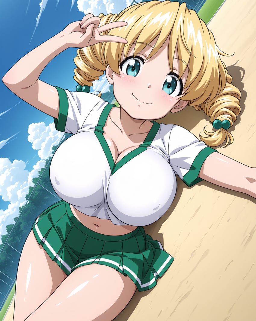 1girl, adetailer, aqua_eyes, blonde_hair, blue_sky, breasts, cloud, collarbone