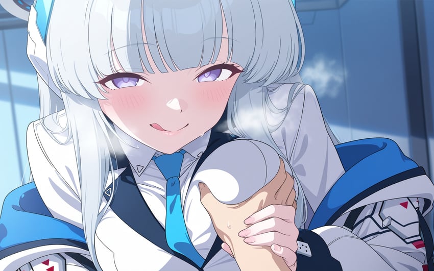 1boy, 1girl, blue_archive, blush, breast_grab, breasts, grabbing, grabbing_another's_breast, guided_breast_grab, guiding_hand, halo, hetero, highres, jacket, large_breasts, licking_lips, model_request, necktie, noa_(blue_archive), purple_eyes, seductive_smile, shirt, smile, spencer_kim, steam, sweat, tongue, tongue_out, white_hair, white_jacket, white_shirt
