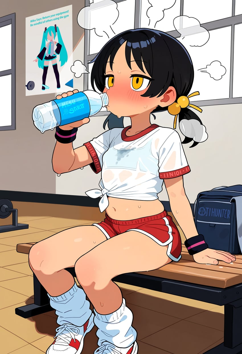 1girl, bag, bench, black_hair, blush, bottle, bra, bra_visible_through_clothes