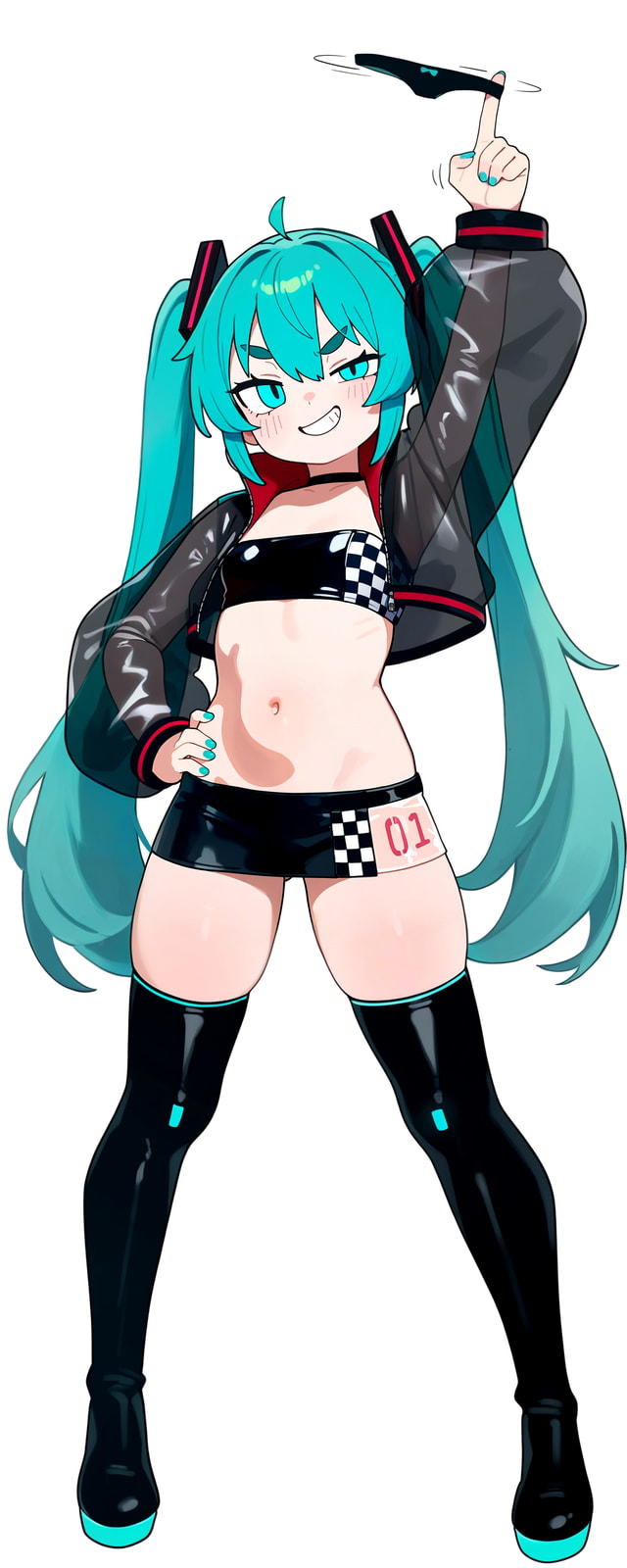 1girl, aqua_eyes, aqua_hair, arm_up, bandeau, black_panties, boots, brittle