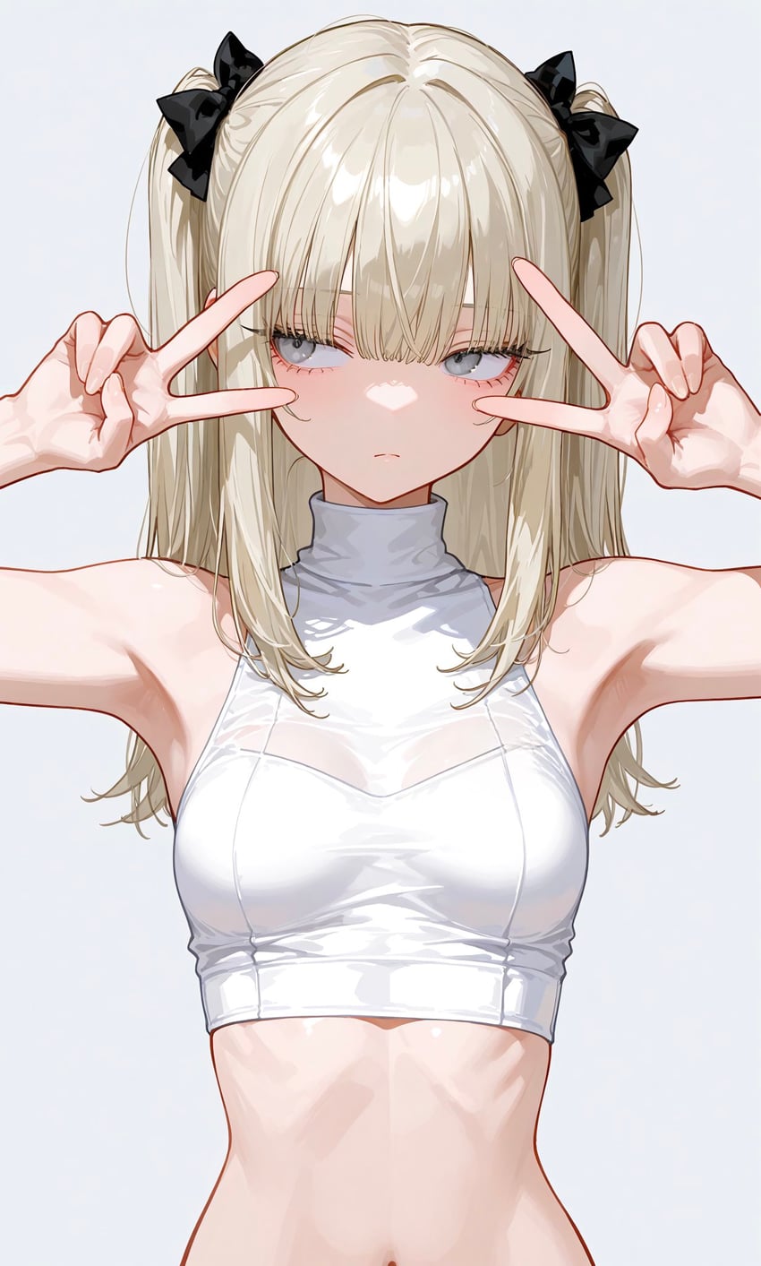1girl, armpits, bad_id, bad_twitter_id, bangs, bare_shoulders, black_bow, blonde_hair, blunt_bangs, bow, breasts, closed_mouth, commentary, crop_top, cropped_shirt, double_v, fingernails, grey_background, grey_eyes, hair_bow, highres, japanese_commentary, long_hair, looking_away, medium_breasts, model_request, navel, omuomutakosu, original, shirt, simple_background, sleeveless, sleeveless_shirt, solo, turtleneck, turtleneck_shirt, upper_body, v, v_over_eye, white_shirt