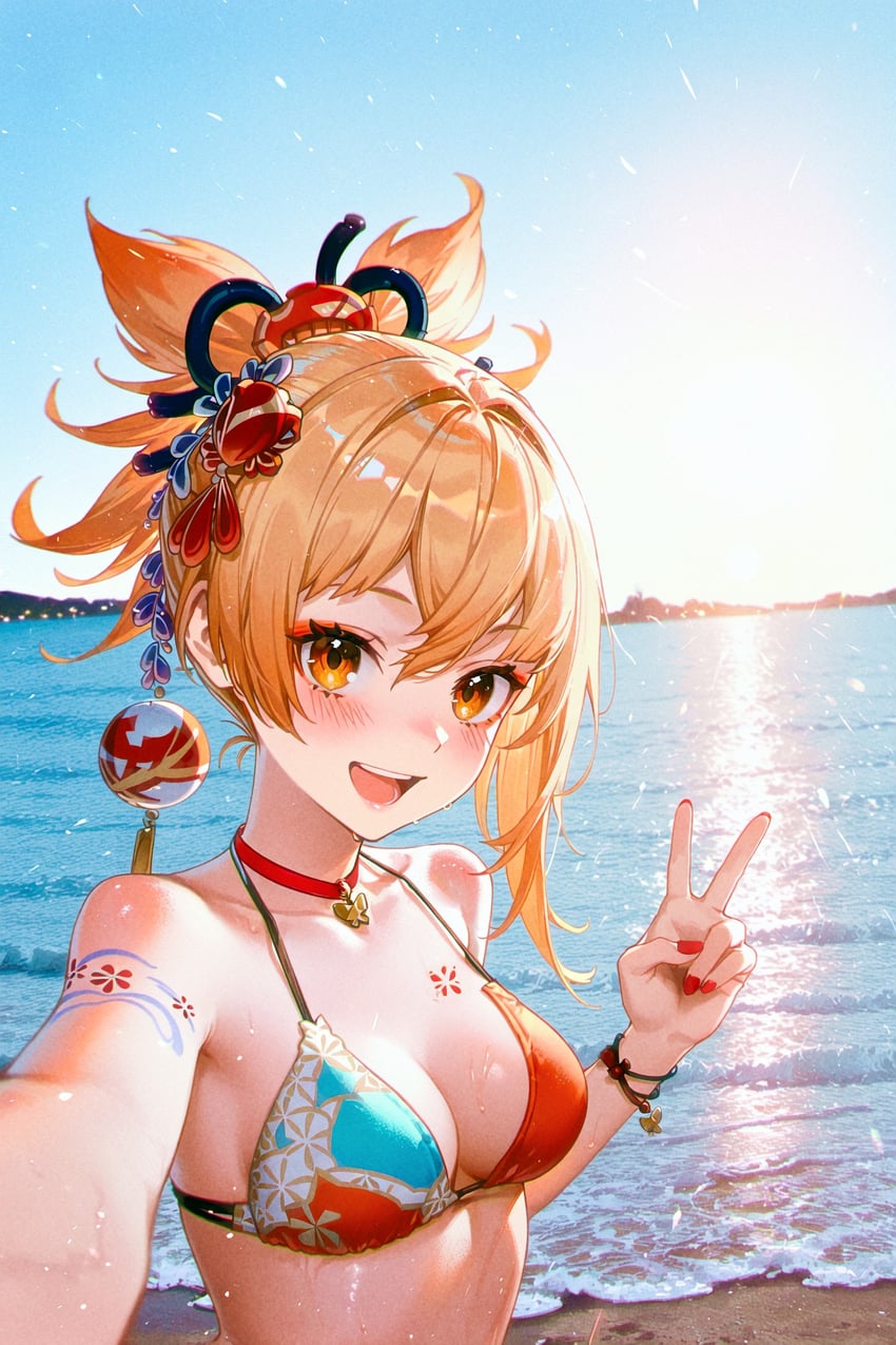 1girl, arm_tattoo, beach, bikini, blonde_hair, blush, bracelet, brown_eyes