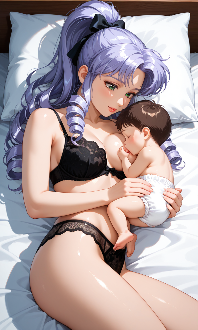 1girl, baby, baby_carry, bed, bed_sheet, bedroom, black_bra, black_lingerie, black_panties, black_ribbon, bra, breastfeeding, breasts, brown_hair, carrying, curly_hair, diaper, green_eyes, head_on_pillow, high_ponytail, indigo_hair, lace, metadata_request, midriff, mother_and_child, mother_and_son, non-web_source, original, otakumouse, panties, pillow, ribbon, ringlets, self-upload, underwear