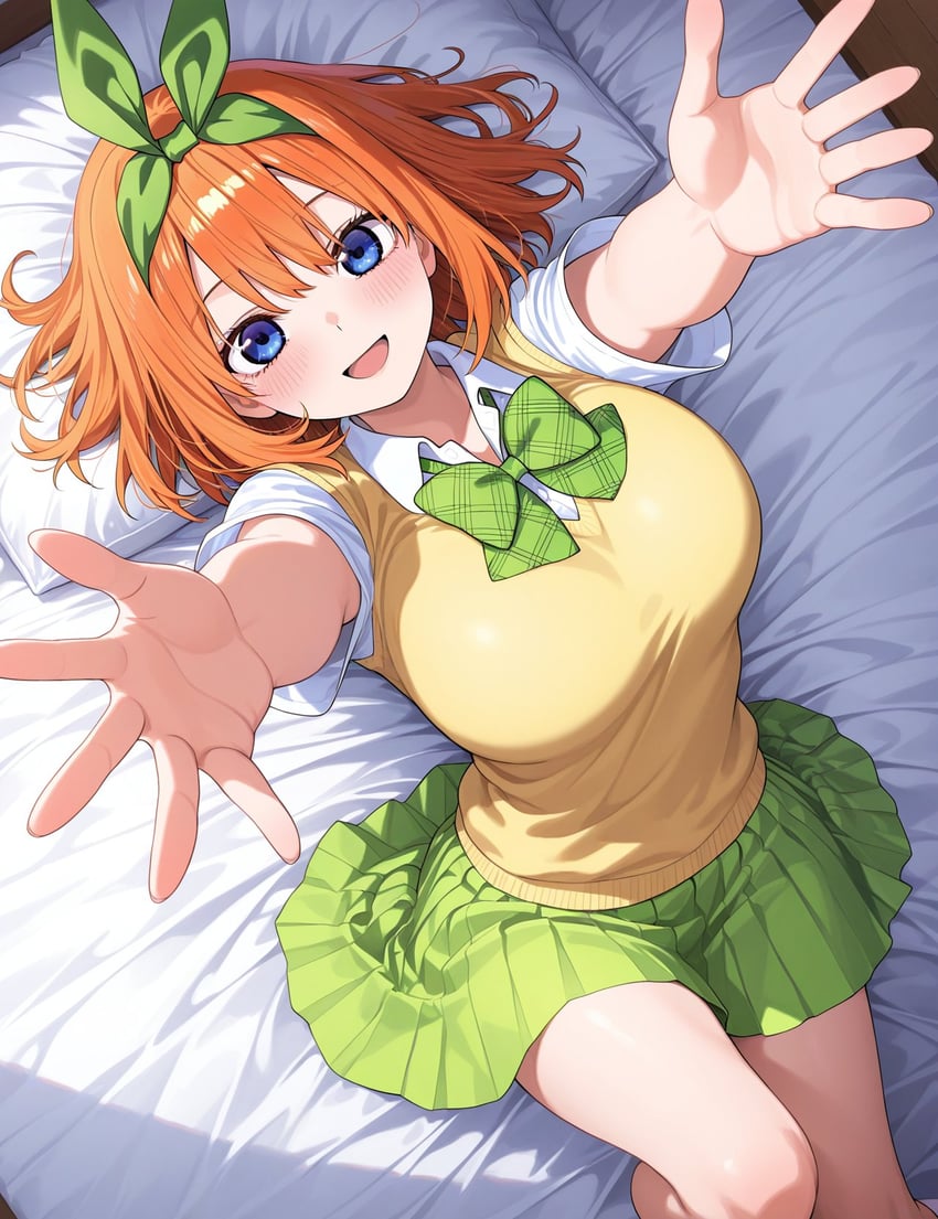 1girl, bangs, bare_legs, base_aiart, blue_eyes, blush, bow, bow_hairband, breasts, closed_mouth, collared_shirt, go-toubun_no_hanayome, green_bow, green_hairband, green_ribbon, green_skirt, hair_between_eyes, hair_ribbon, hairband, highres, incoming_hug, large_breasts, looking_at_viewer, lying, model_request, nakano_yotsuba, on_back, on_bed, orange_hair, reaching_towards_viewer, ribbon, shirt, short_hair, skirt, smile, solo, vest, white_shirt, yellow_vest