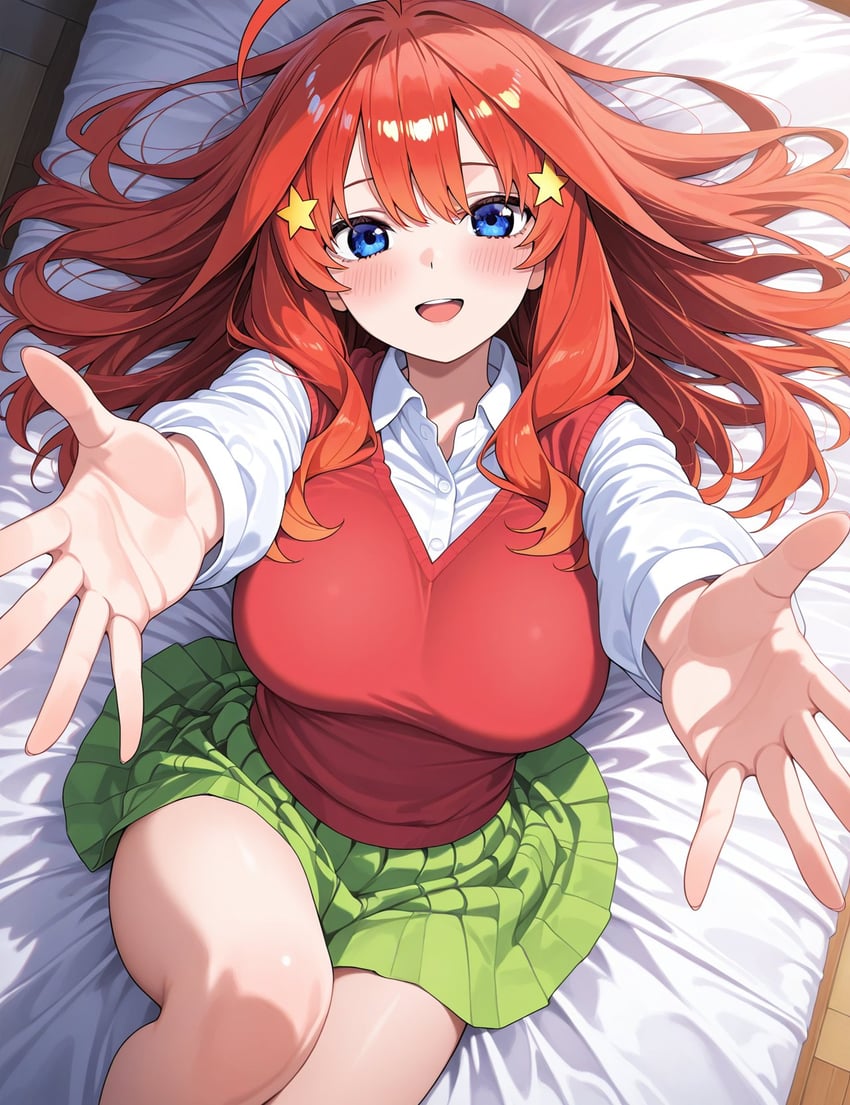 1girl, ahoge, bangs, bare_legs, base_aiart, blue_eyes, blush, breasts, collared_shirt, go-toubun_no_hanayome, green_skirt, hair_between_eyes, hair_ornament, highres, incoming_hug, large_breasts, long_hair, long_sleeves, looking_at_viewer, lying, model_request, nakano_itsuki, on_back, on_bed, reaching_towards_viewer, red_hair, red_vest, shirt, skirt, smile, solo, star_(symbol), star_hair_ornament, vest, white_shirt