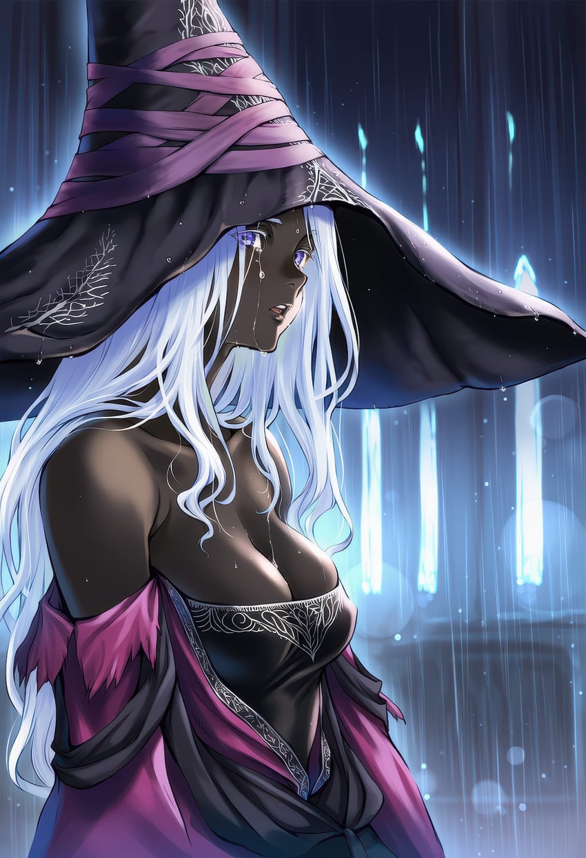 1girl, bare_shoulders, black_headwear, breasts, cleavage, collarbone, crying, crying_with_eyes_open