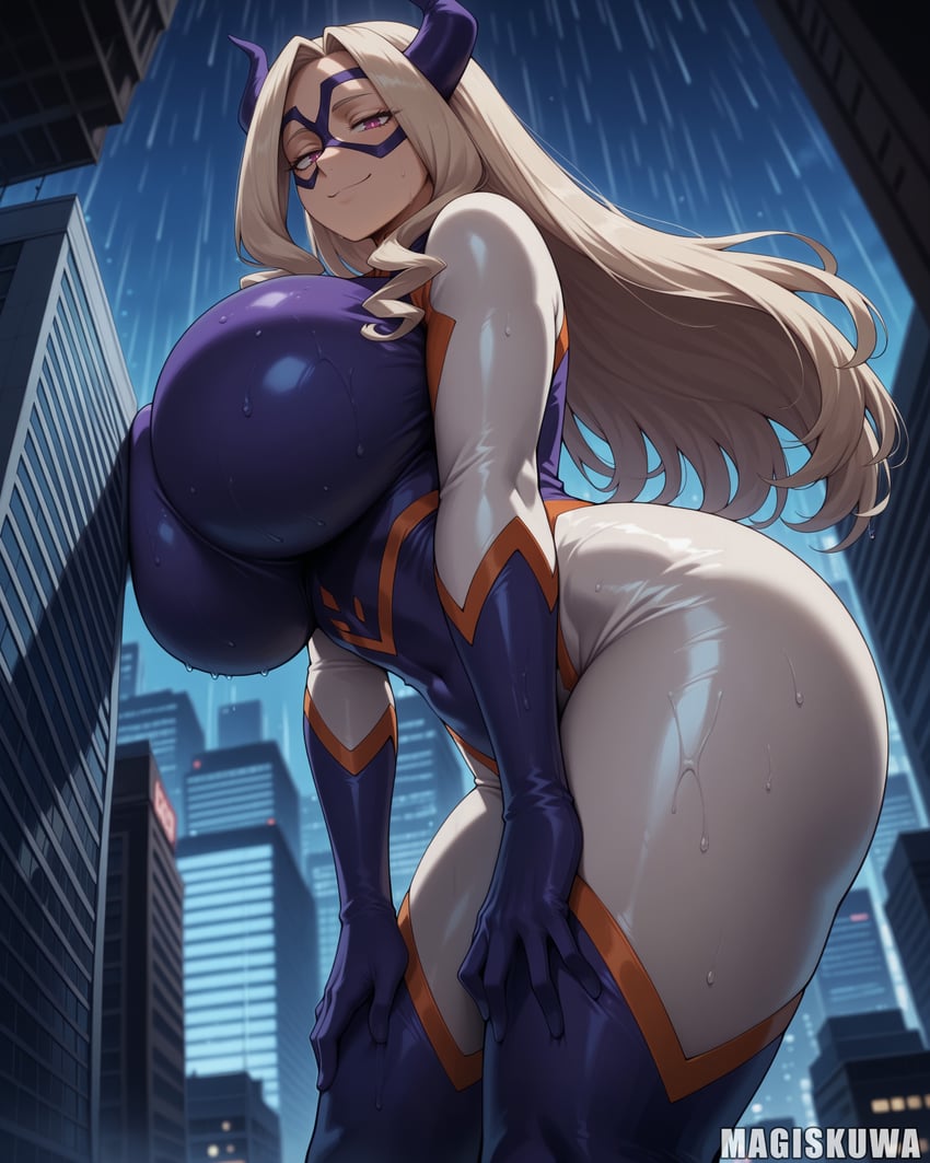 1girl, absurdres, blonde_hair, blush, bodysuit, boku_no_hero_academia, breast_press, breasts