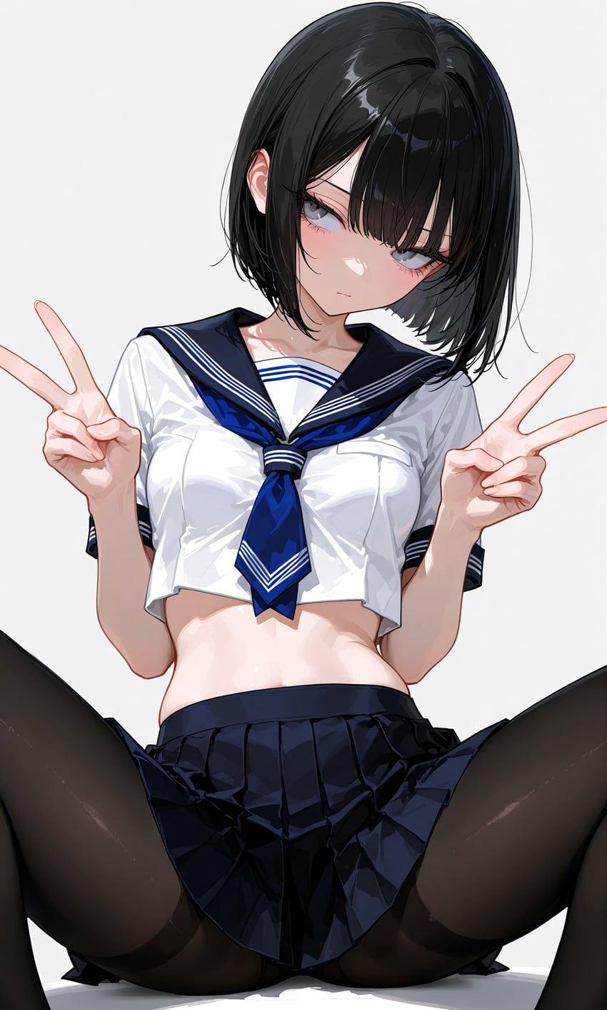 1girl, ascot, bad_id, bad_twitter_id, black_hair, black_pantyhose, black_sailor_collar, black_skirt