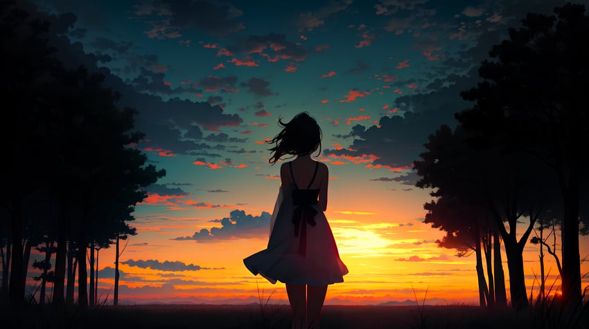 1girl, absurdres, aqua_sky, backlighting, bare_shoulders, black_hair, cloud, commentary