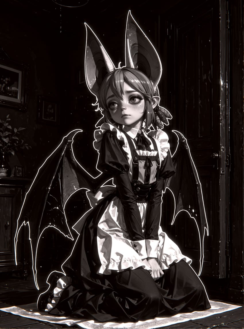1girl, absurdres, animal_ears, antlers_anon, apron, back_bow, bat_ears, bat_girl
