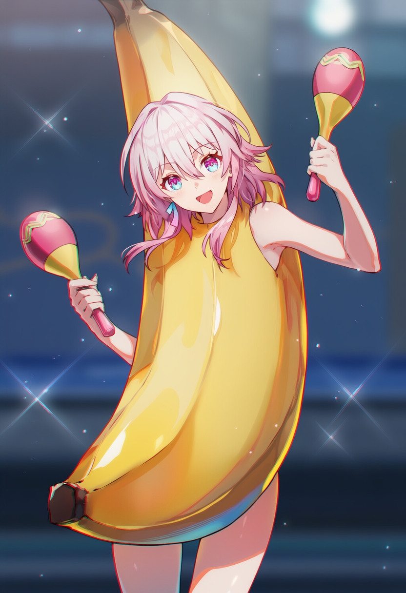 1girl, banana_costume, black_background, blue_eyes, chromatic_aberration, gradient_eyes, honkai:_star_rail, honkai_(series), instrument, maracas, march_7th_(honkai:_star_rail), meme, model_request, multicolored_eyes, open_mouth, peanut_butter_jelly_time, pink_eyes, pink_hair, raaicave, raaivault, smile