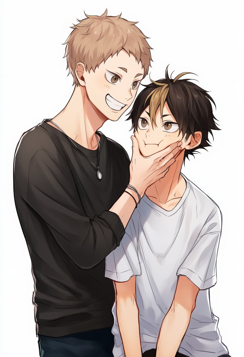 2boys, :i, bangs, black_shirt, bracelet, brown_eyes, brown_hair, cheek_squash