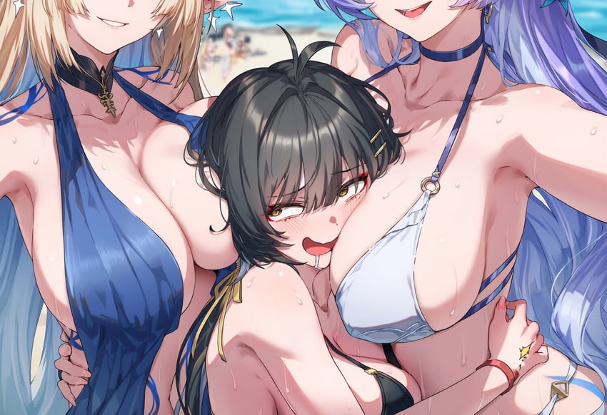 3girls, ahoge, armpits, bare_shoulders, beach, between_breasts, black_hair, blonde_hair