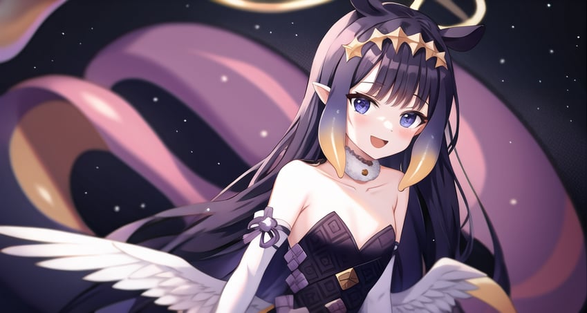 1girl, angel, angel_wings, bad_link, bangs, bare_shoulders, blue_eyes, blurry