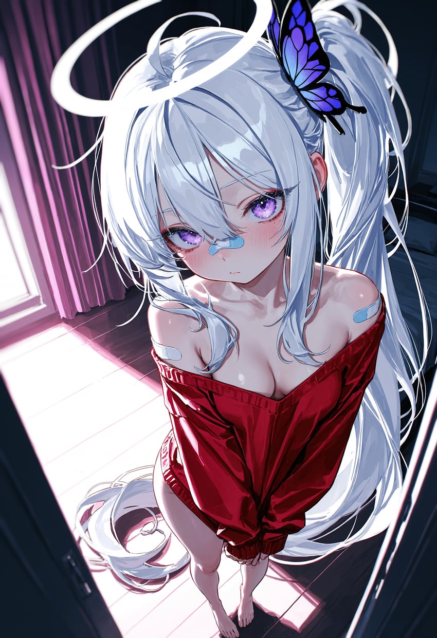 1girl, absurdres, ahoge, bandaid, bandaid_on_face, bandaid_on_nose, bandaid_on_shoulder, bangs