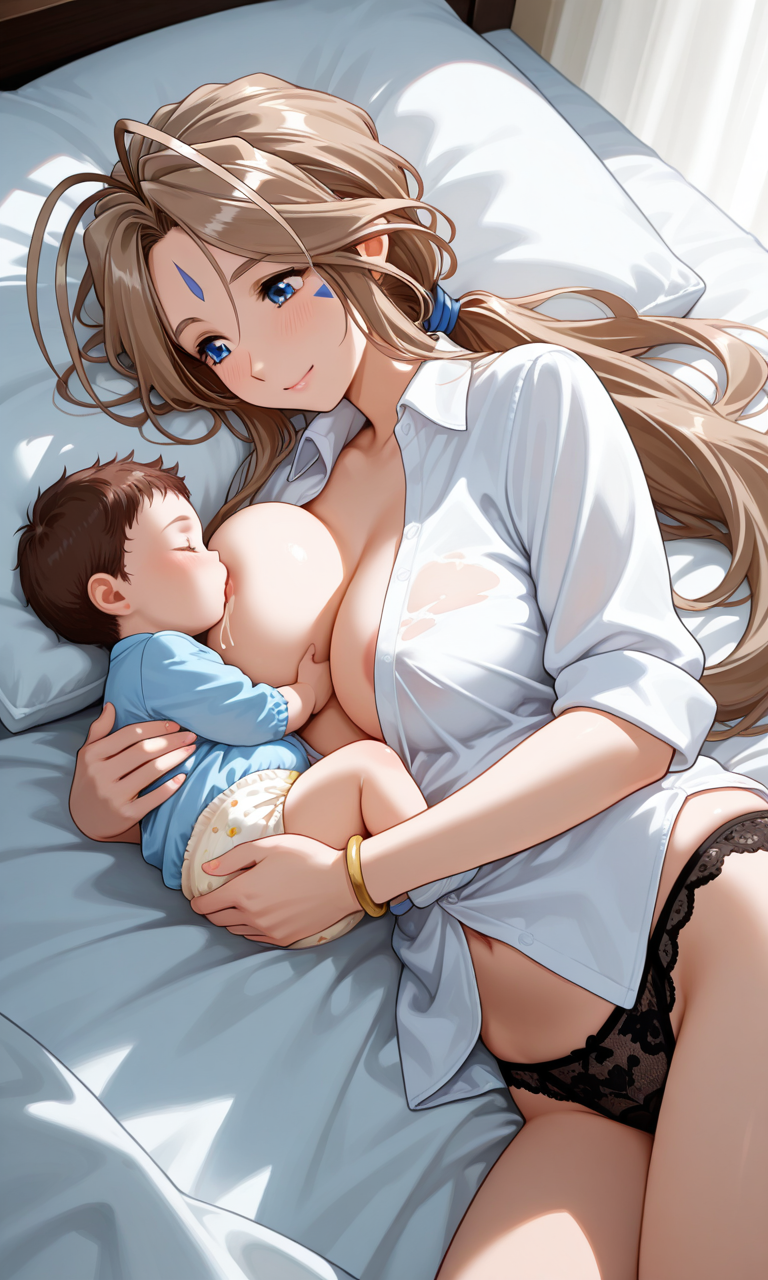 1girl, aa_megami-sama, antenna_hair, baby, bed, belldandy, black_panties, blue_eyes, bracelet, breastfeeding, breasts, brown_hair, collared_shirt, curtains, hair_ornament, hair_scrunchie, head_on_pillow, holding, indoors, jewelry, looking_at_another, low_ponytail, lying, mature_female, medium_breasts, metadata_request, mother_and_child, nipples, non-web_source, on_bed, on_side, otakumouse, panties, pillow, ponytail, scrunchie, self-upload, shirt, smile, thighs, underwear, white_shirt