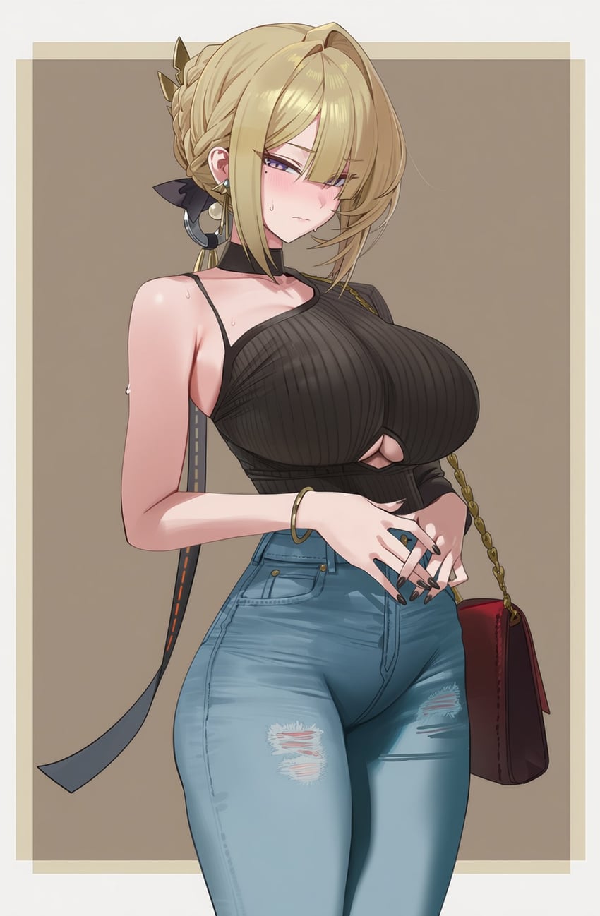 1girl, aiart_fring, bag, bangle, bare_shoulders, black_choker, black_nails, black_sweater