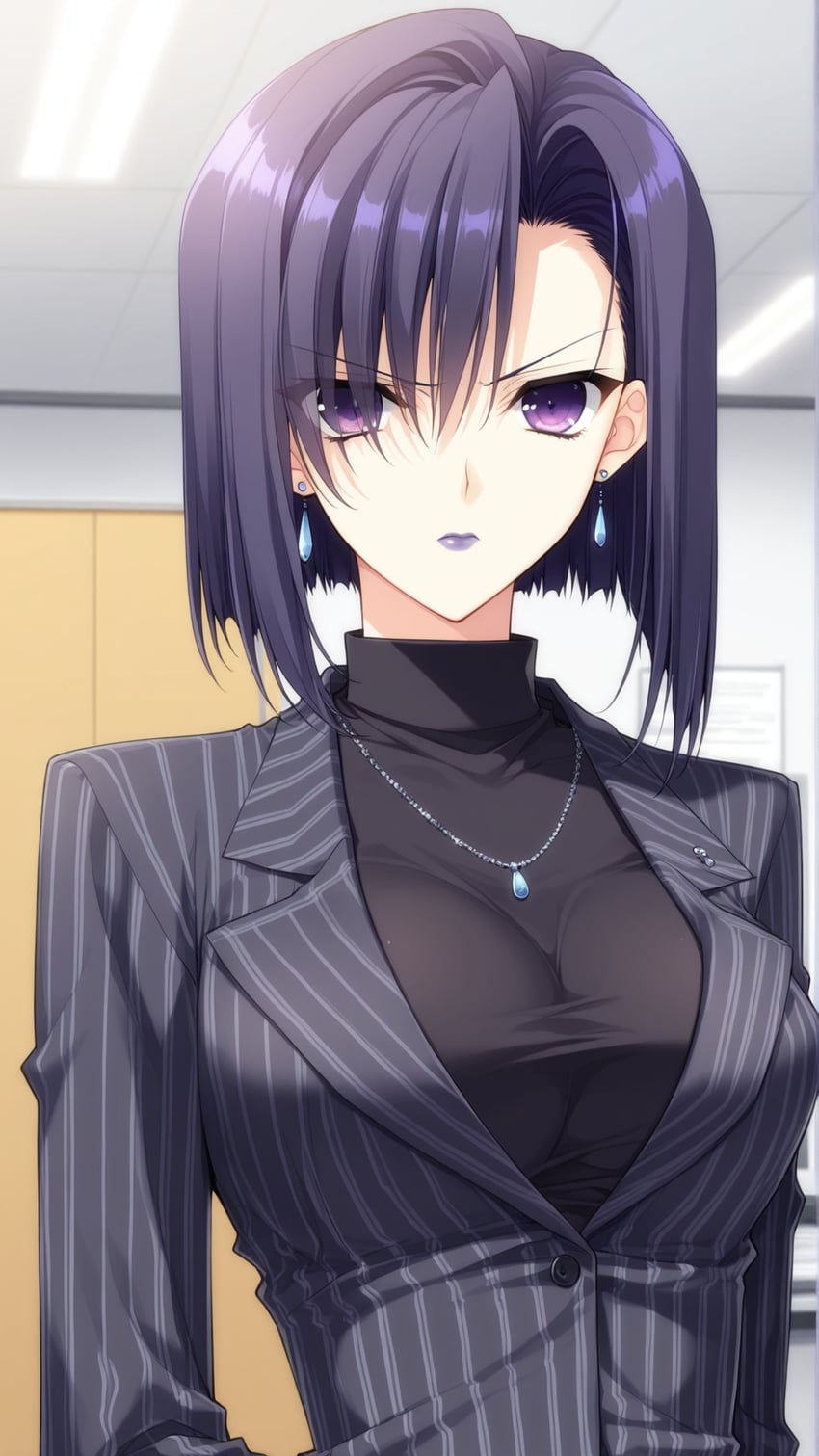 1girl, asymmetrical_bangs, bangs, black_suit, breasts, earrings, eyes_visible_through_hair, formal