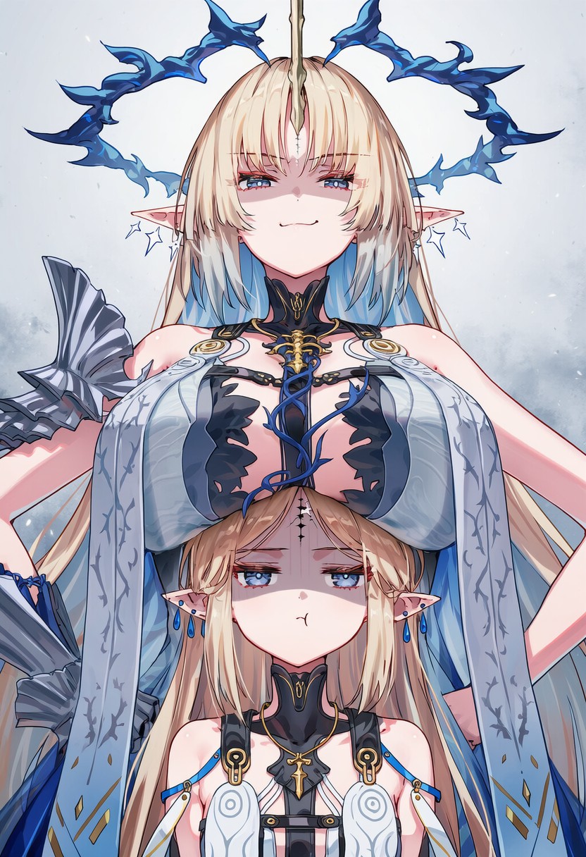 2girls, bare_shoulders, blonde_hair, blue_eyes, breast_rest, breasts, breasts_on_head, cartethyia_(wuthering_waves)