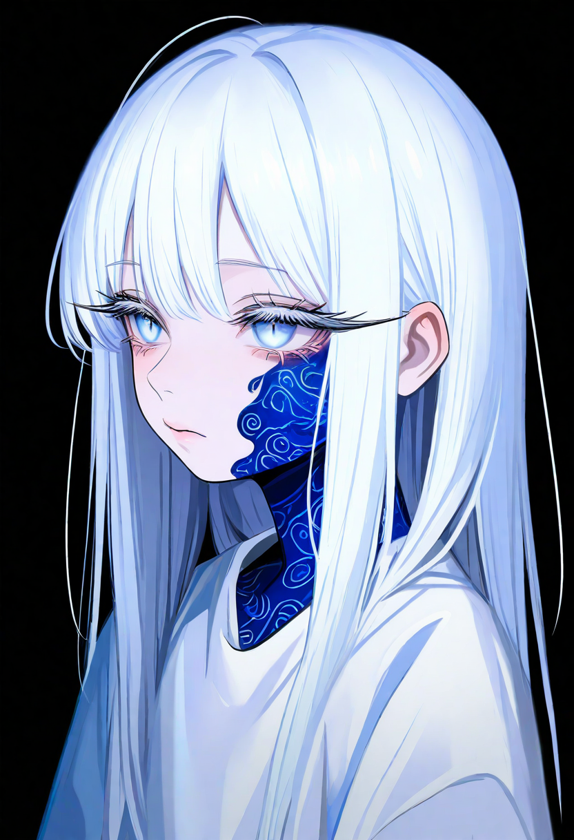 1girl, bangs, black_background, blue_eyes, blue_skin, body_markings, child, closed_mouth